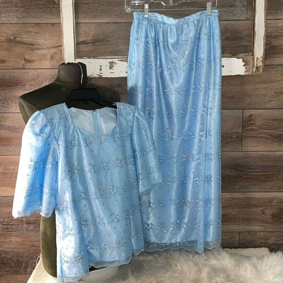 Creative Touch Evening Wear Maxi Skirt Set, Powder Blue , Floral Lace, Size S - Picture 4 of 14